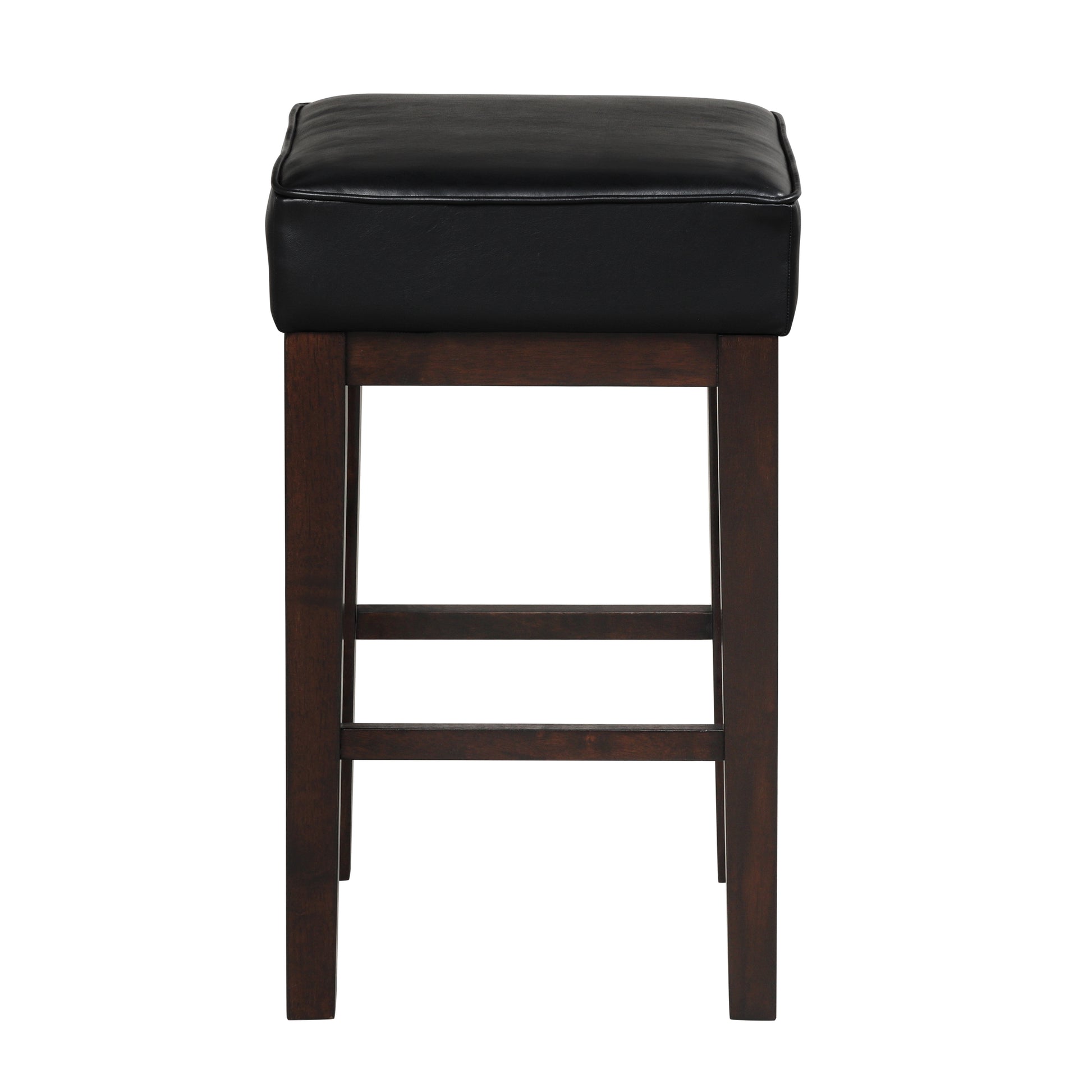 Black leather upholstered wood bar stool with dark brown finish