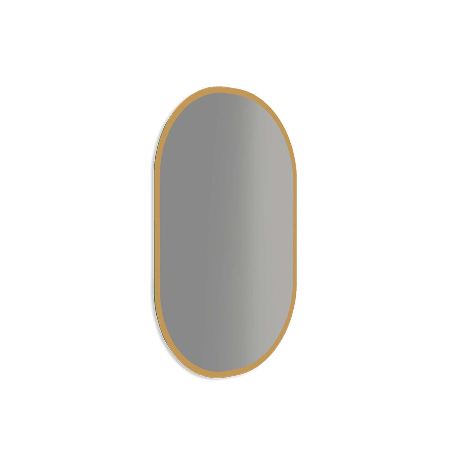 Oval gold framed bathroom mirror with reflective glass surface