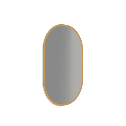 Oval gold framed bathroom mirror with reflective glass surface