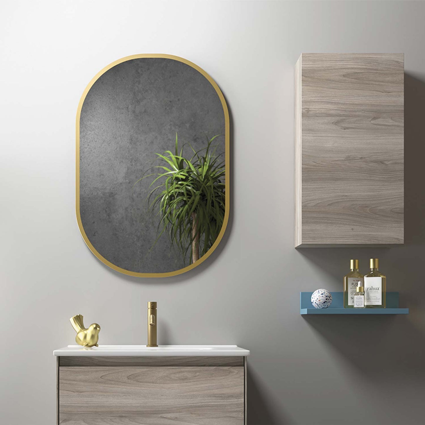 Modern oval bathroom mirror with gold frame and concrete texture