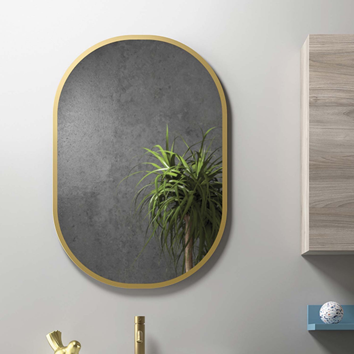 Oval modern bathroom mirror with gold trim and textured grey glass
