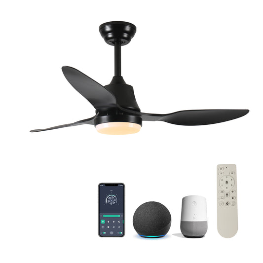 Black threeblade ceiling fan with integrated LED light controlled by app or remote