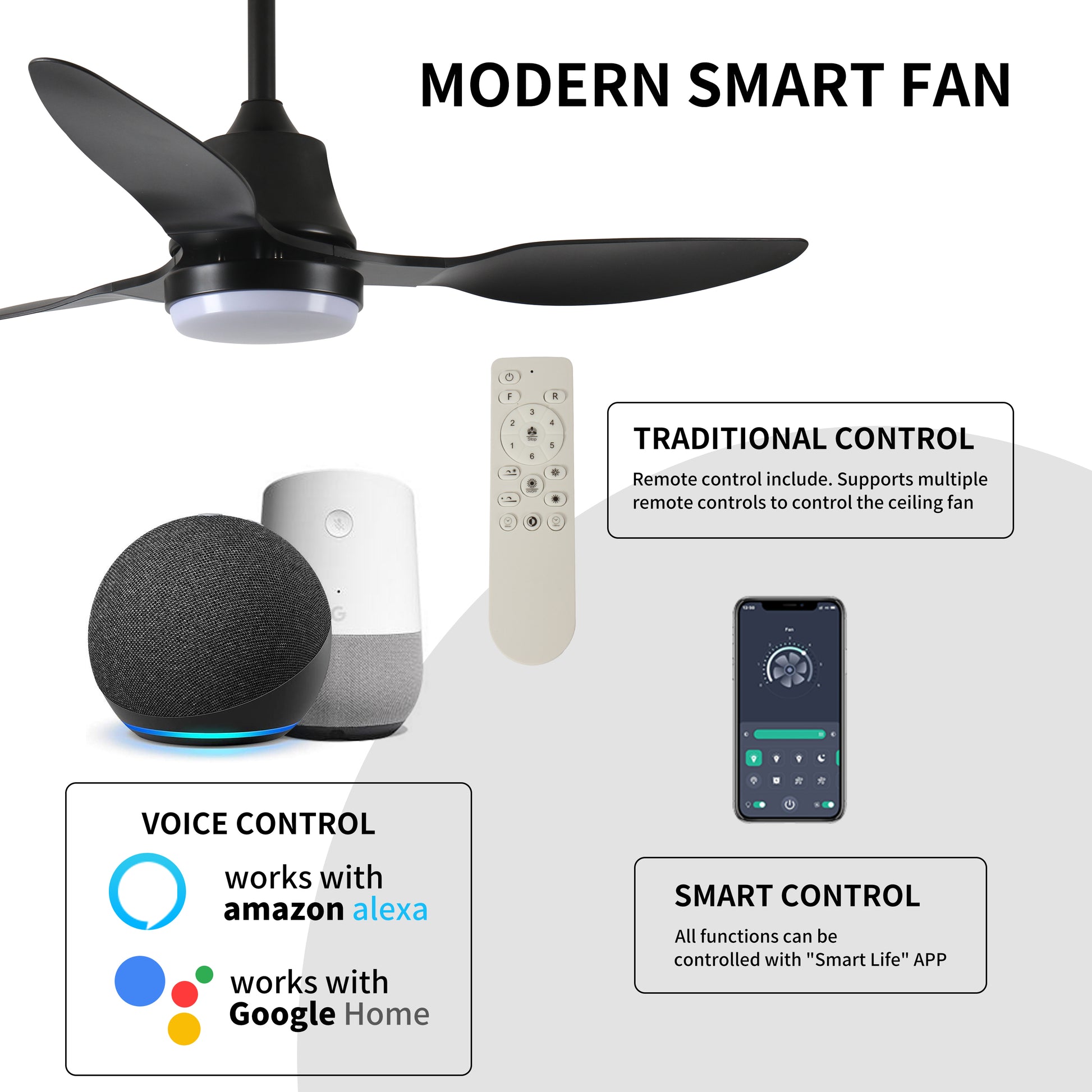Black modern smart fan with integrated LED light featuring sleek design