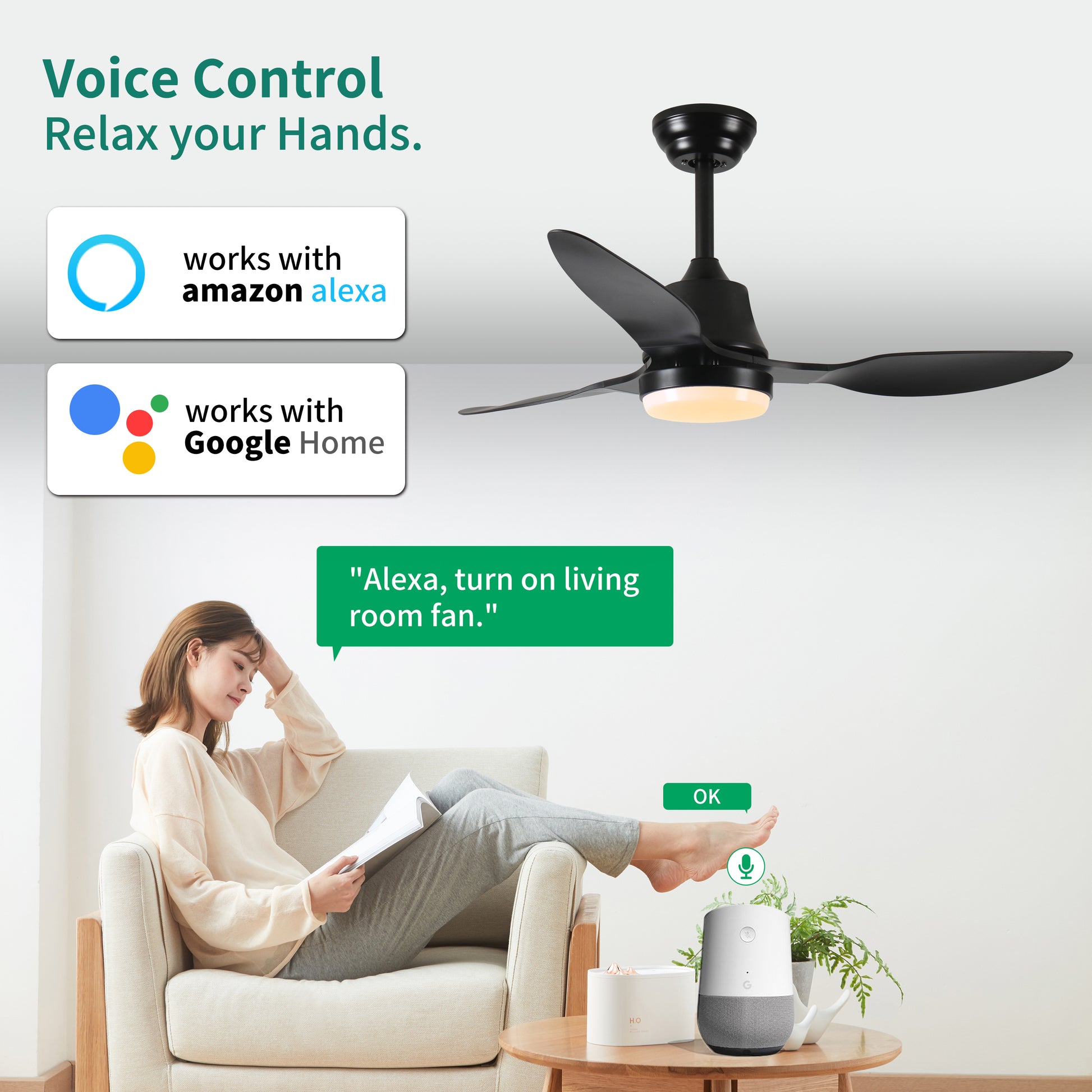 Black blade ceiling fan with integrated LED light voice control compatible