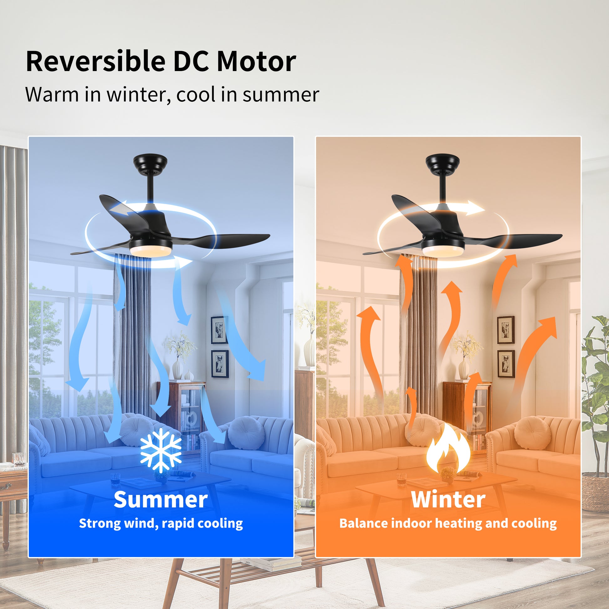 Black reversible DC motor ceiling fan with integrated light in summer mode