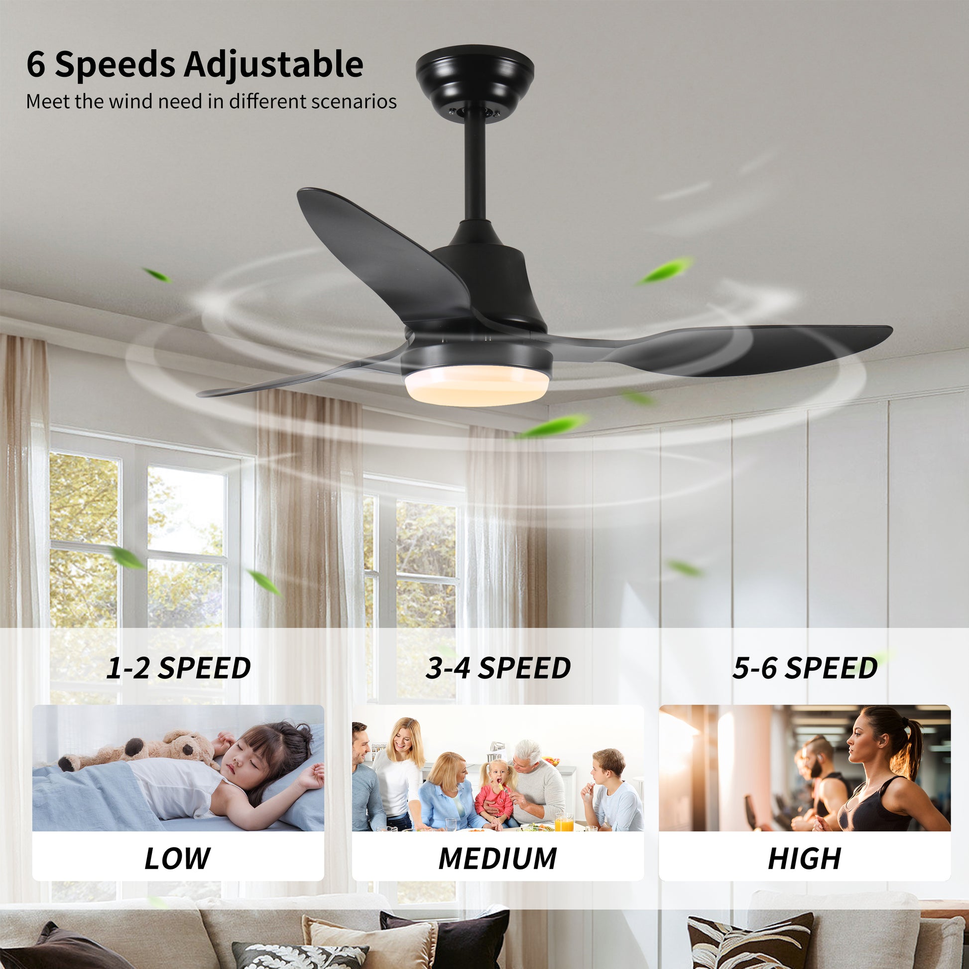 Black modern ceiling fan with integrated LED light  adjustable speeds