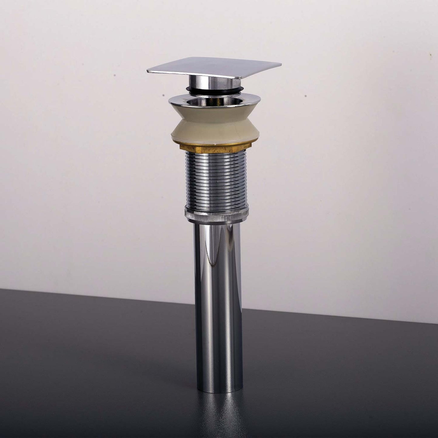Polished chrome square popup drain assembly for bathroom sinks with rubber seal