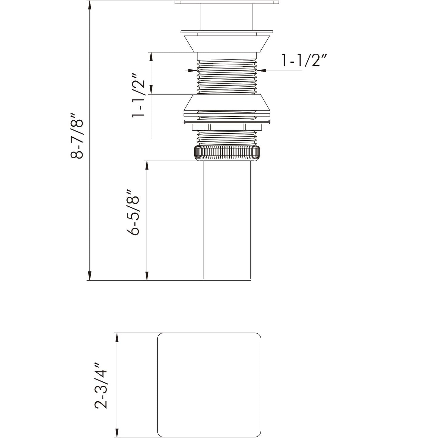 Drain assembly diagram showing threaded pipe and overflow with dimensions  inches and  inches