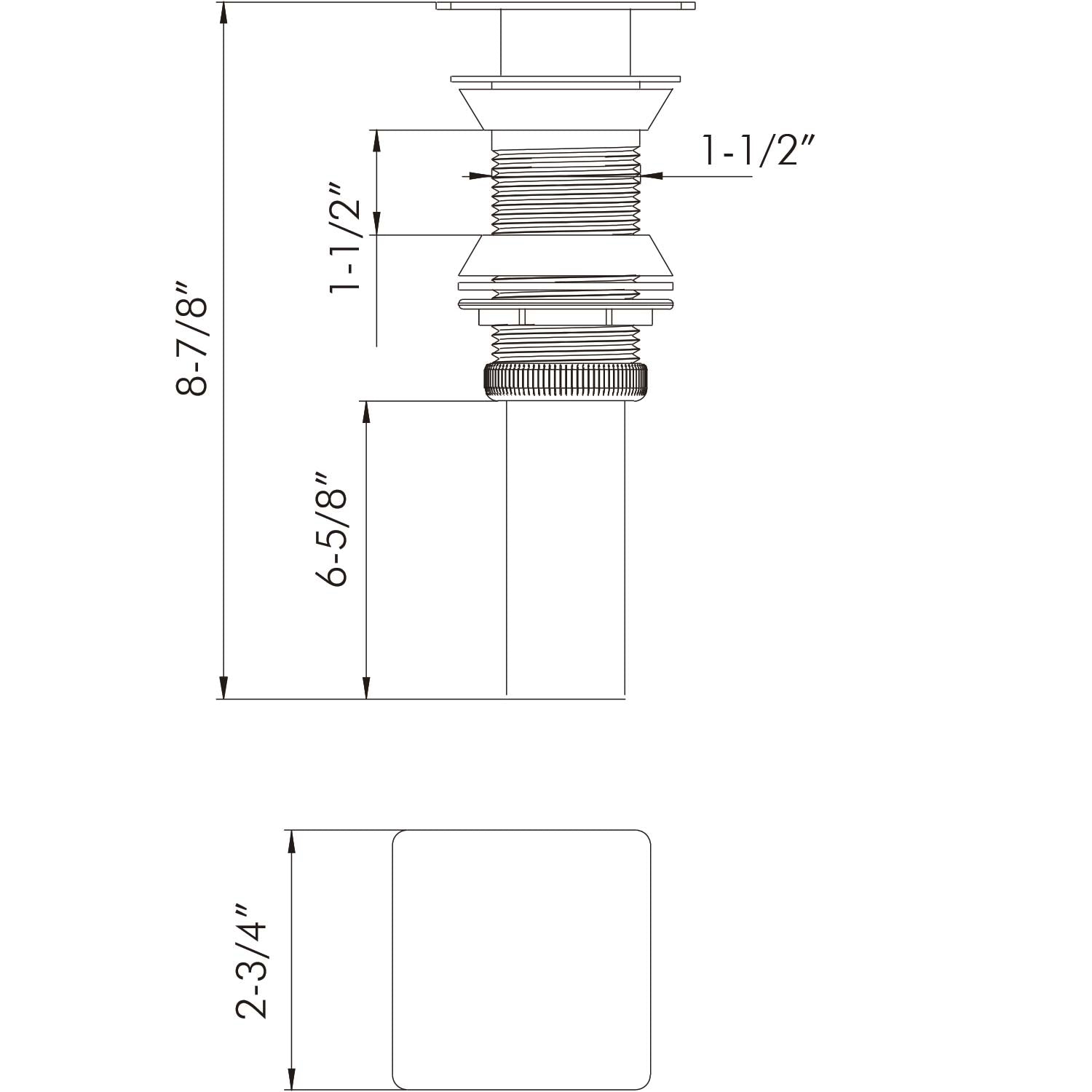 Drain assembly diagram showing threaded pipe and overflow with dimensions  inches and  inches