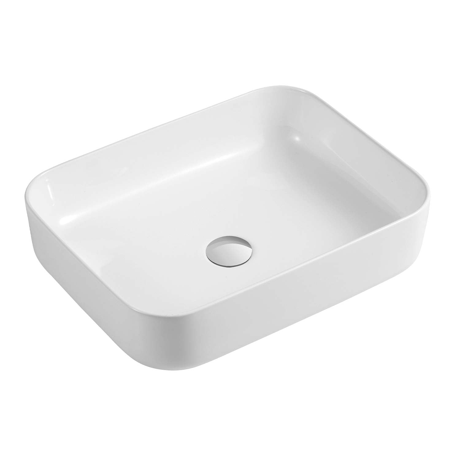 Rectangular white ceramic vessel sink with chrome drain