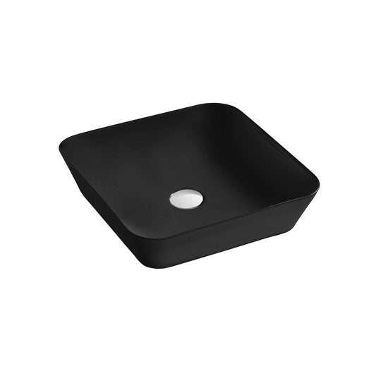 Matte black ceramic vessel sink with chrome drain