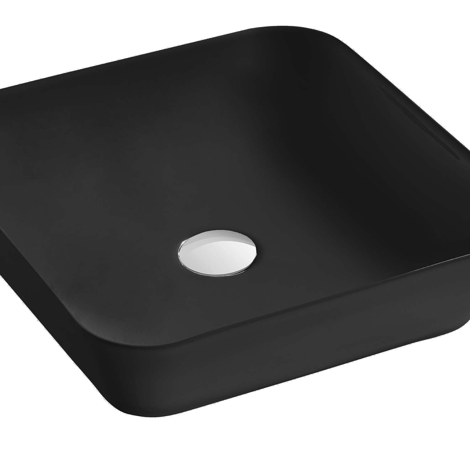 Matte black rectangular vessel sink with brushed nickel drain