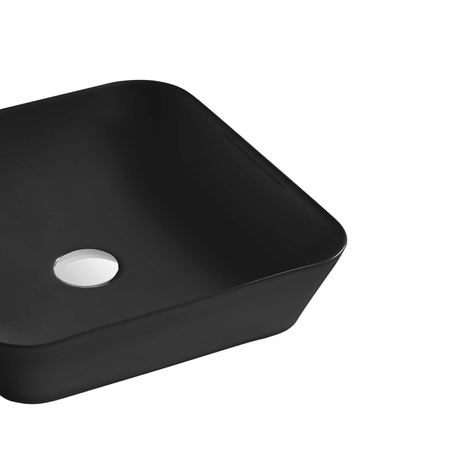 Matte black rectangular vessel bathroom sink with chrome overflow drain