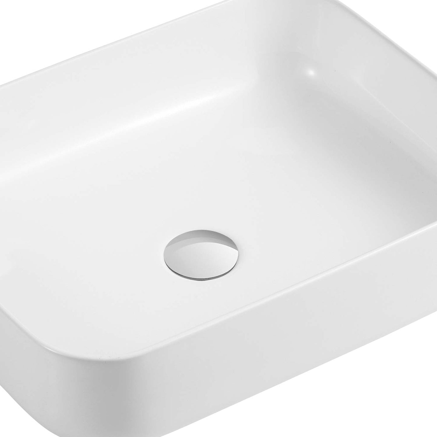 Modern white ceramic rectangular vessel sink with polished chrome drain