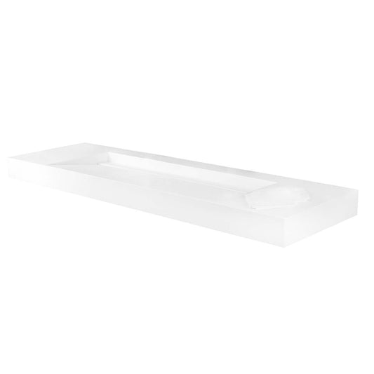 White rectangular bathroom vanity with integrated sink and towel