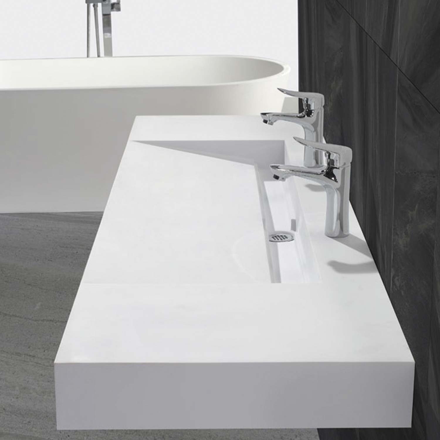 Modern white solid surface wallmounted bathroom sink with dual chrome faucets