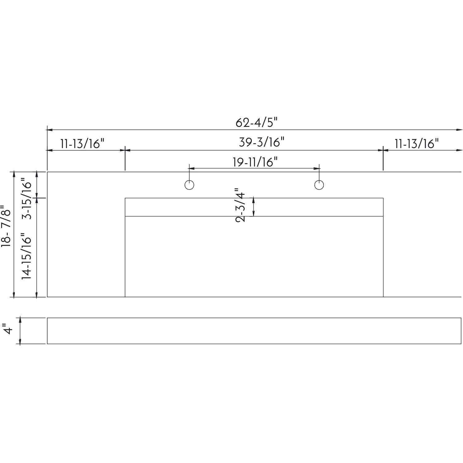 Technical drawing of a white countertop with precise measurements for sink placement and dimensions