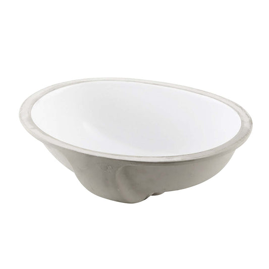 Oval undermount bathroom sink with white porcelain interior and concrete exterior