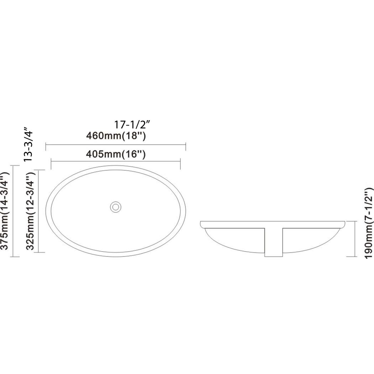 White oval vessel sink schematic with dimensions  W x  D x  H