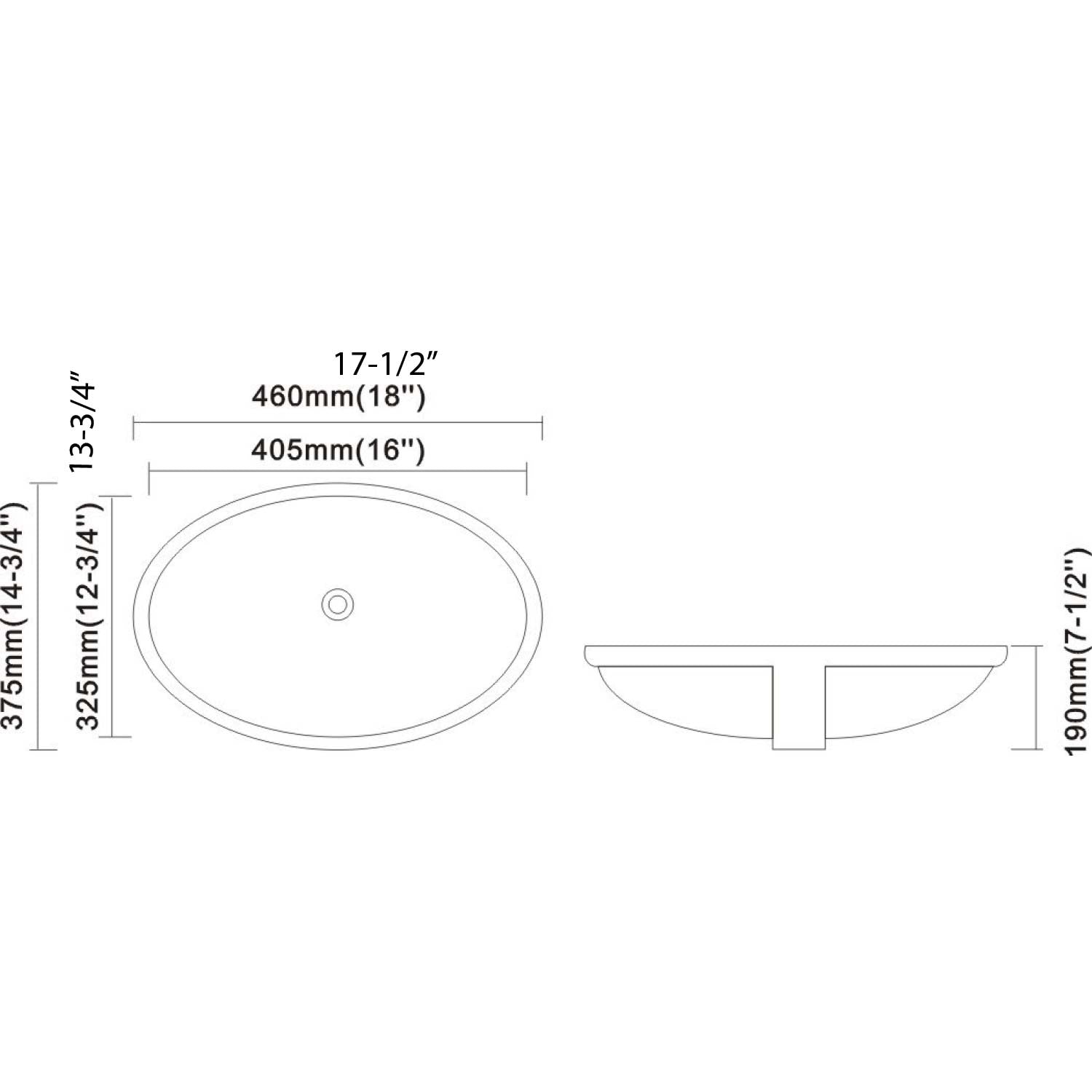 White oval vessel sink schematic with dimensions  W x  D x  H