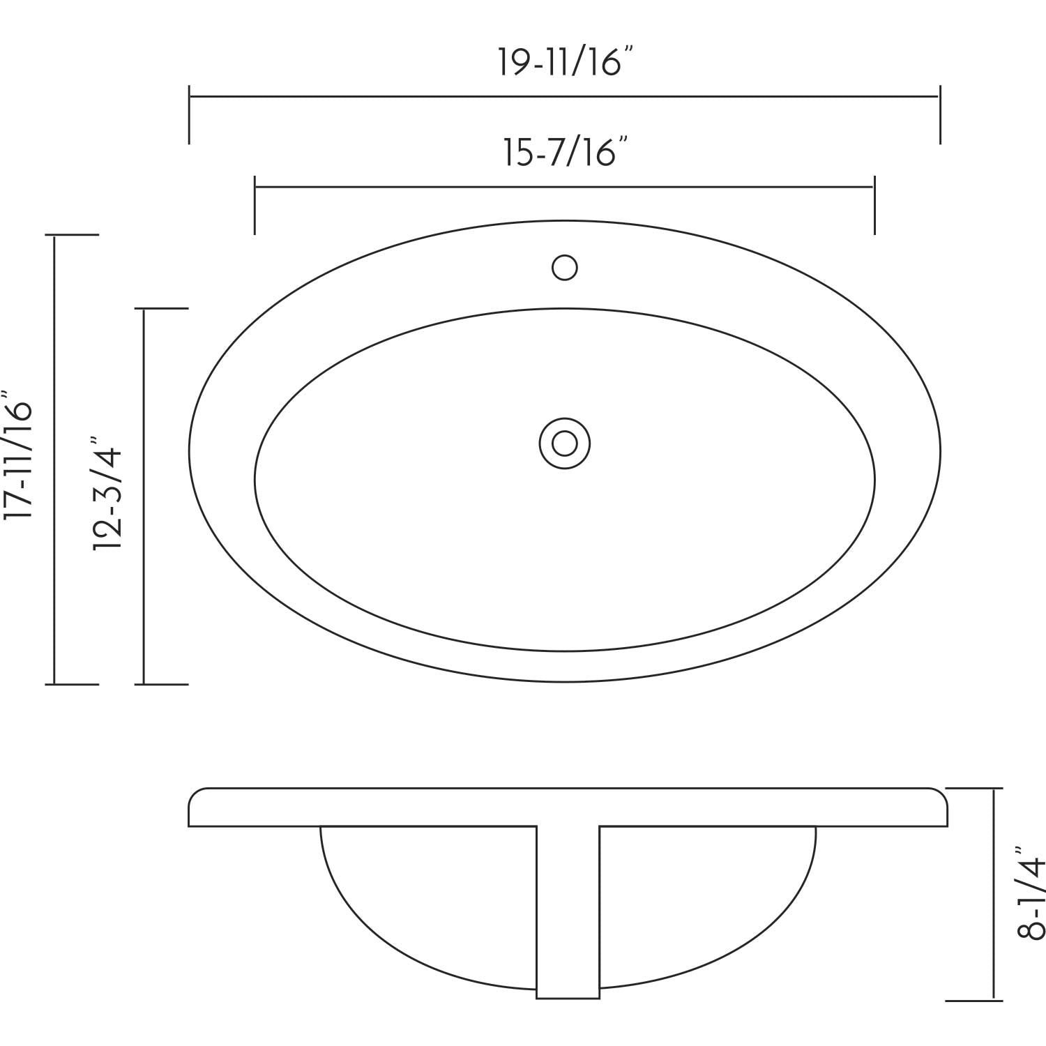 Diagram of an oval bathroom sink  wide with dimensions