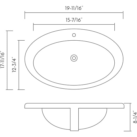 Diagram of an oval bathroom sink  wide with dimensions