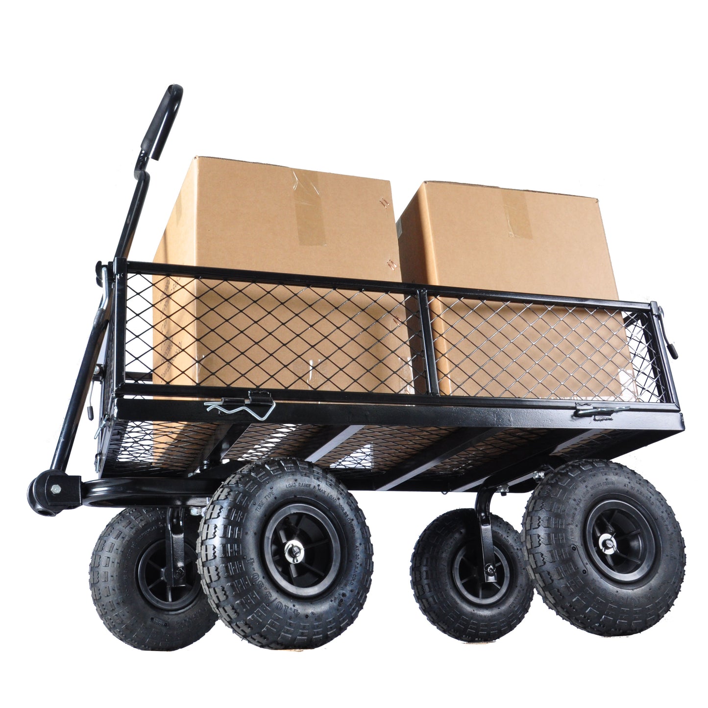 Black metal garden cart with mesh sides carrying two cardboard boxes