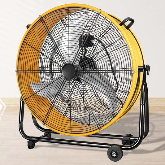 Heavyduty yellow metal industrial floor fan with powerful airflow and portable stand
