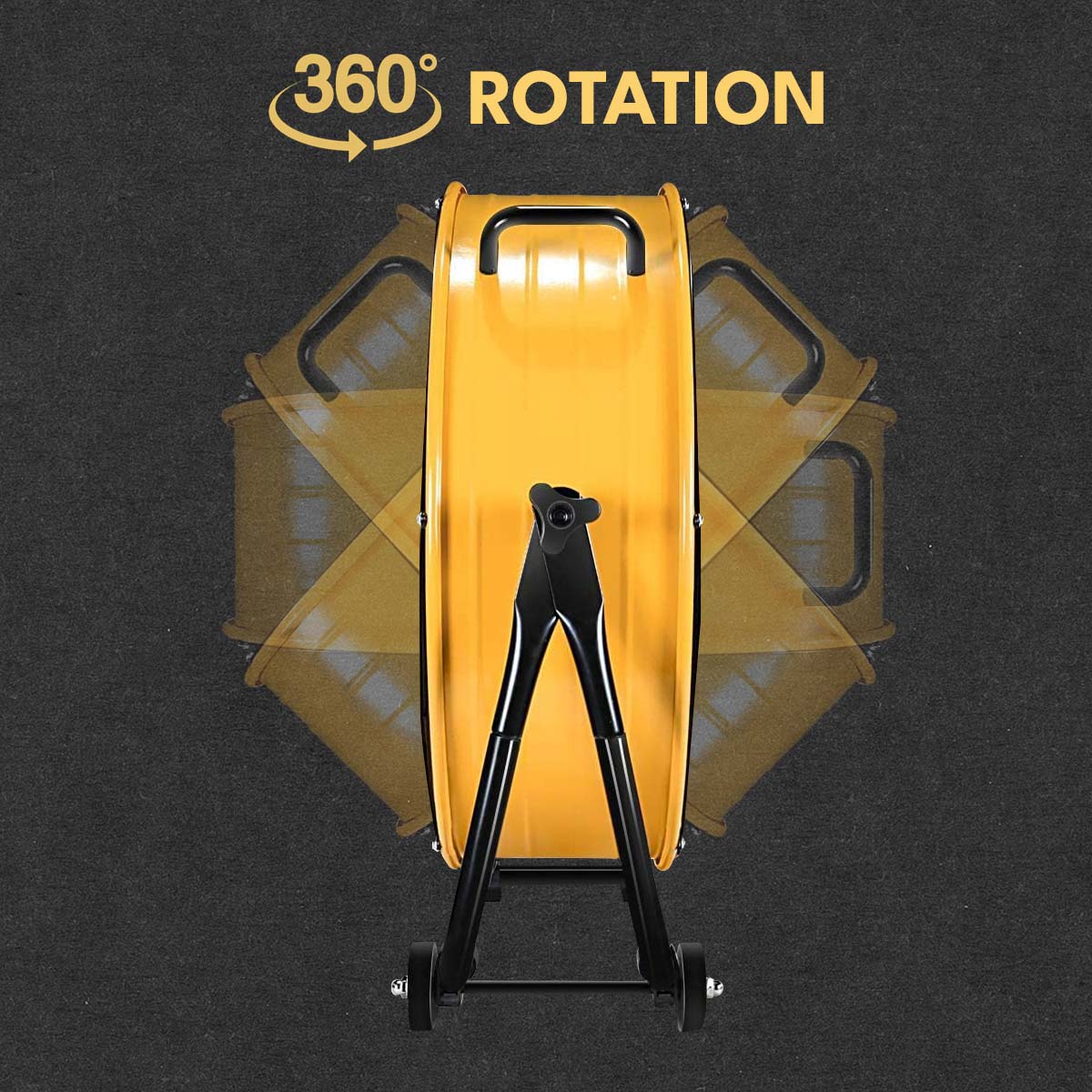 Yellow cement mixer drum with black metal frame and wheels showing  degree rotation