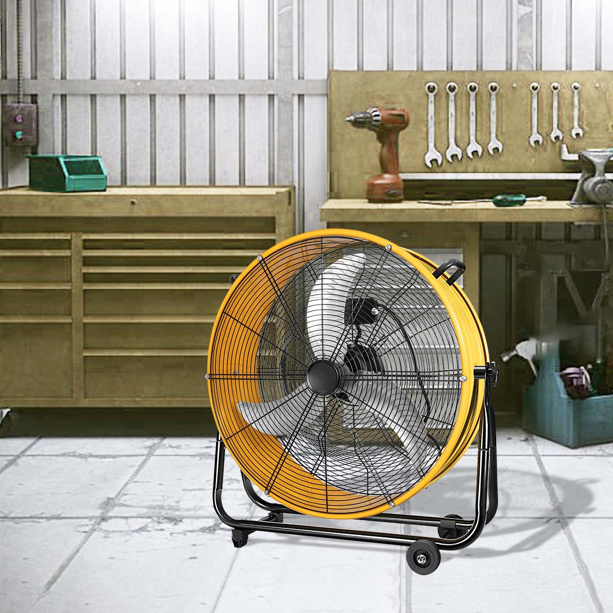 Yellow industrial floor fan with black frame and wheels for workshop ventilation