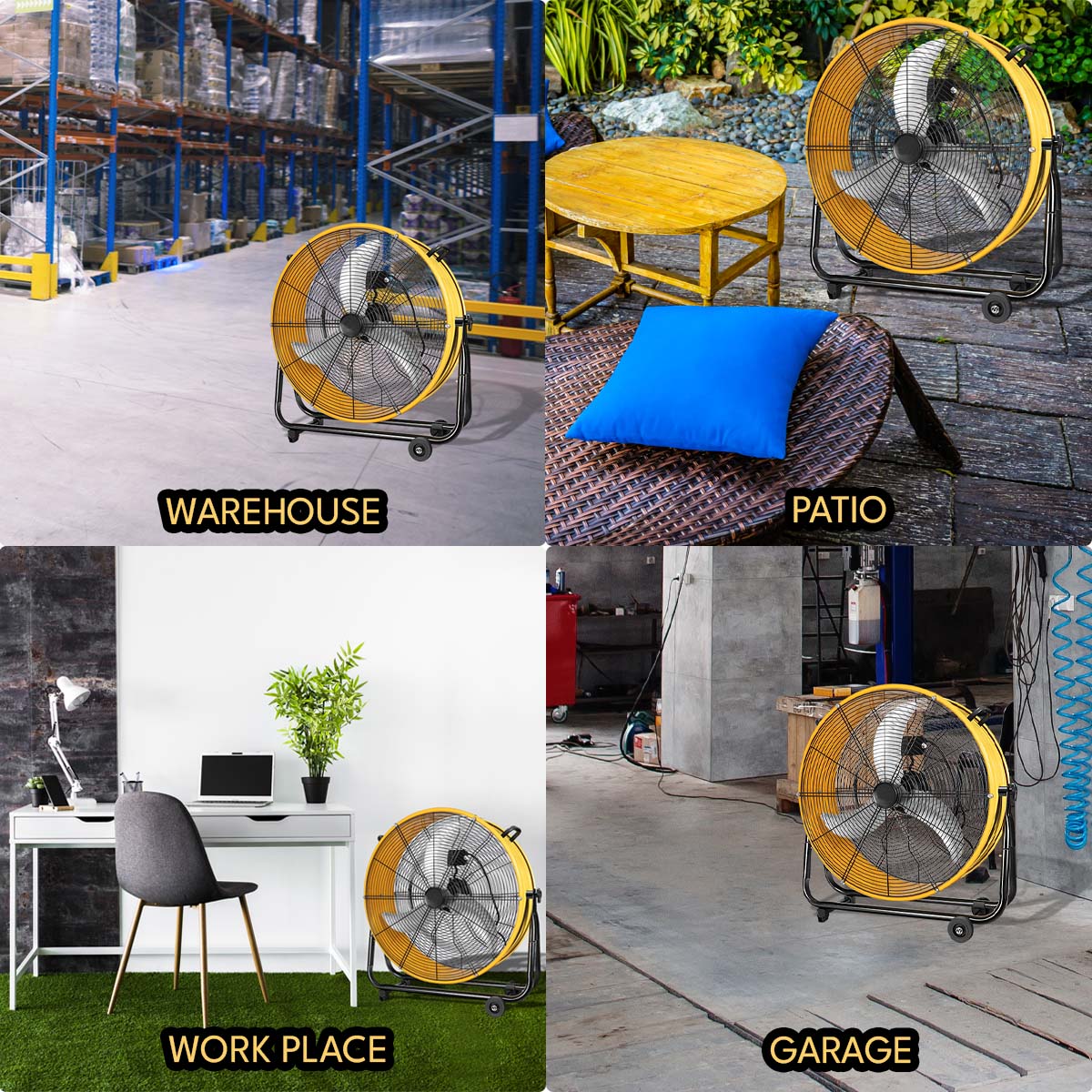 Yellow industrial floor fan with wheels in a warehouse setting providing highvelocity airflow