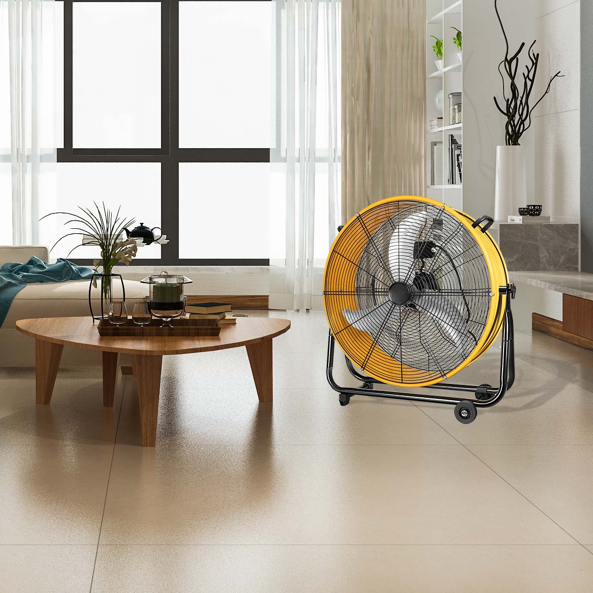 Yellow industrial floor fan with a metal grill and wheeled stand
