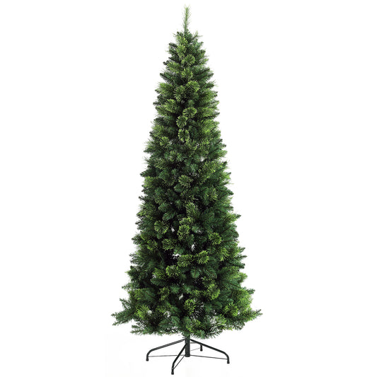 Tall slender artificial Christmas tree with dense green needles on a black metal stand
