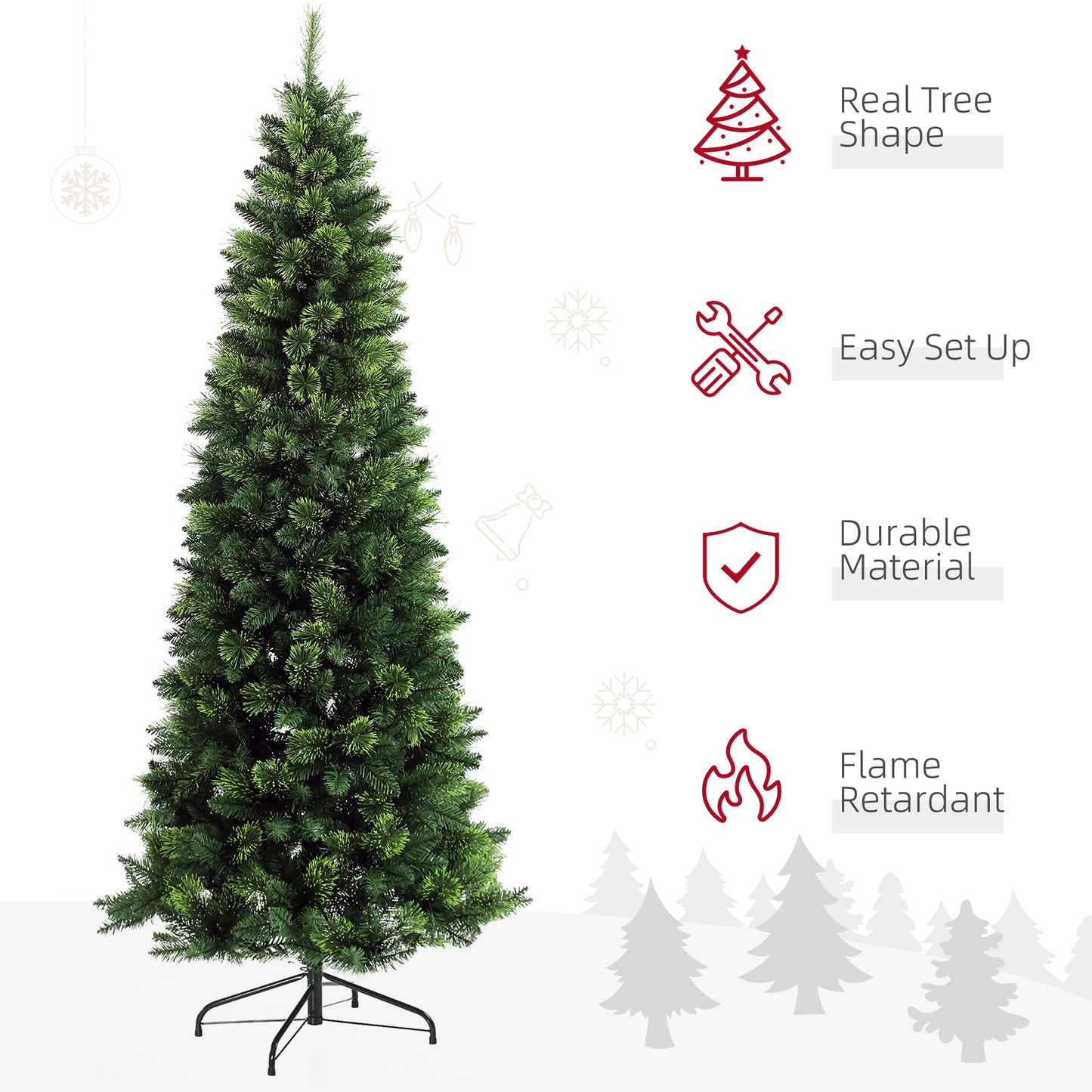 Tall full green artificial Christmas tree with a metal stand