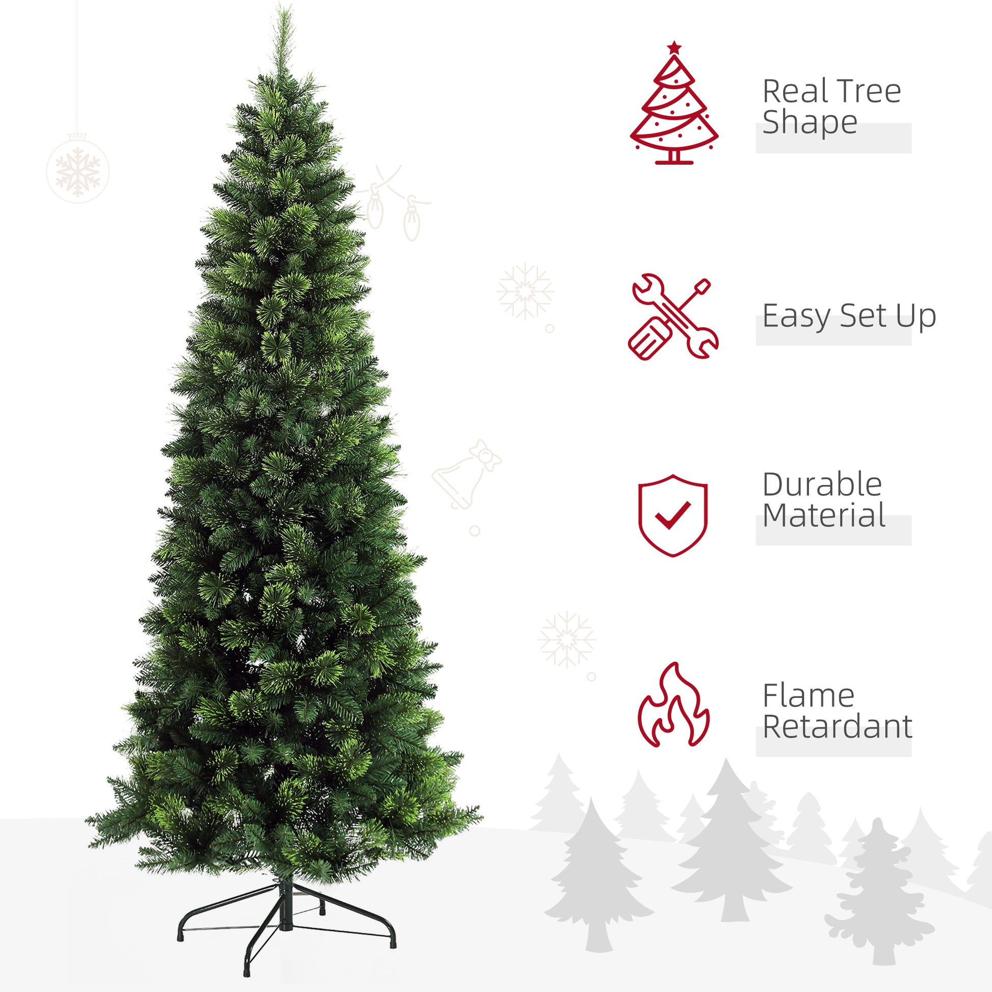 Tall full green artificial Christmas tree with a metal stand