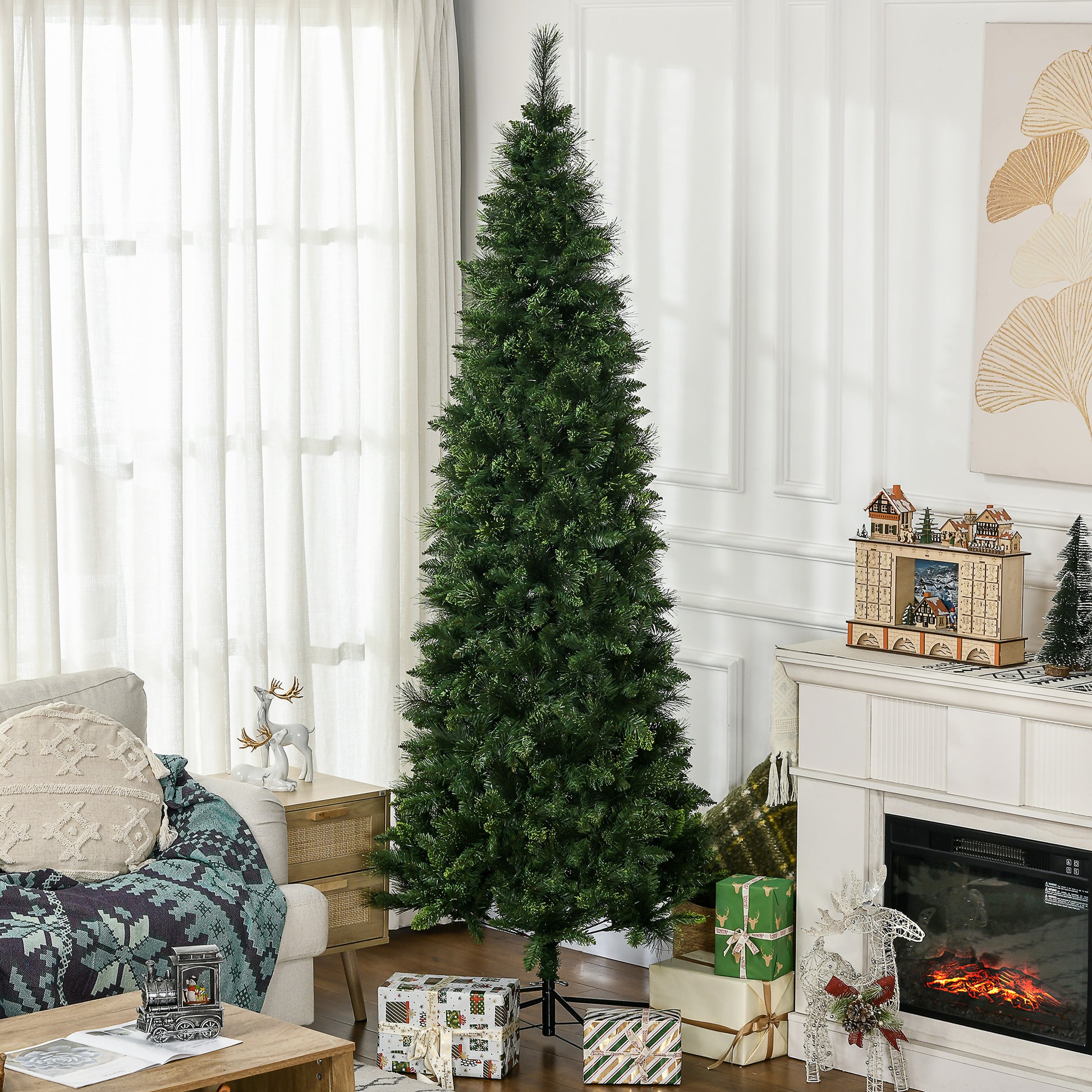 Tall full artificial Christmas tree with dense green needles for festive home decor