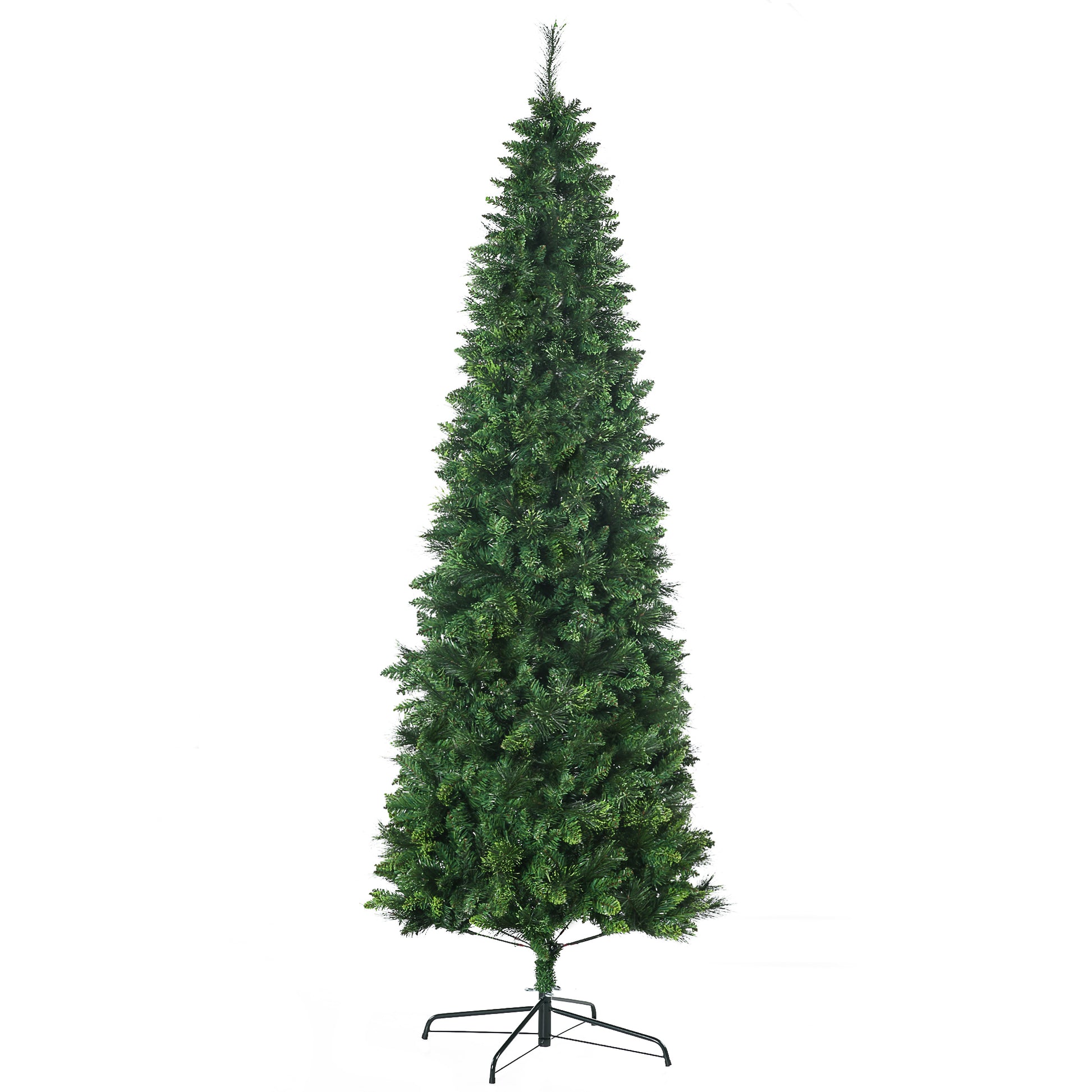 Tall artificial green Christmas tree with a slim profile and metal stand