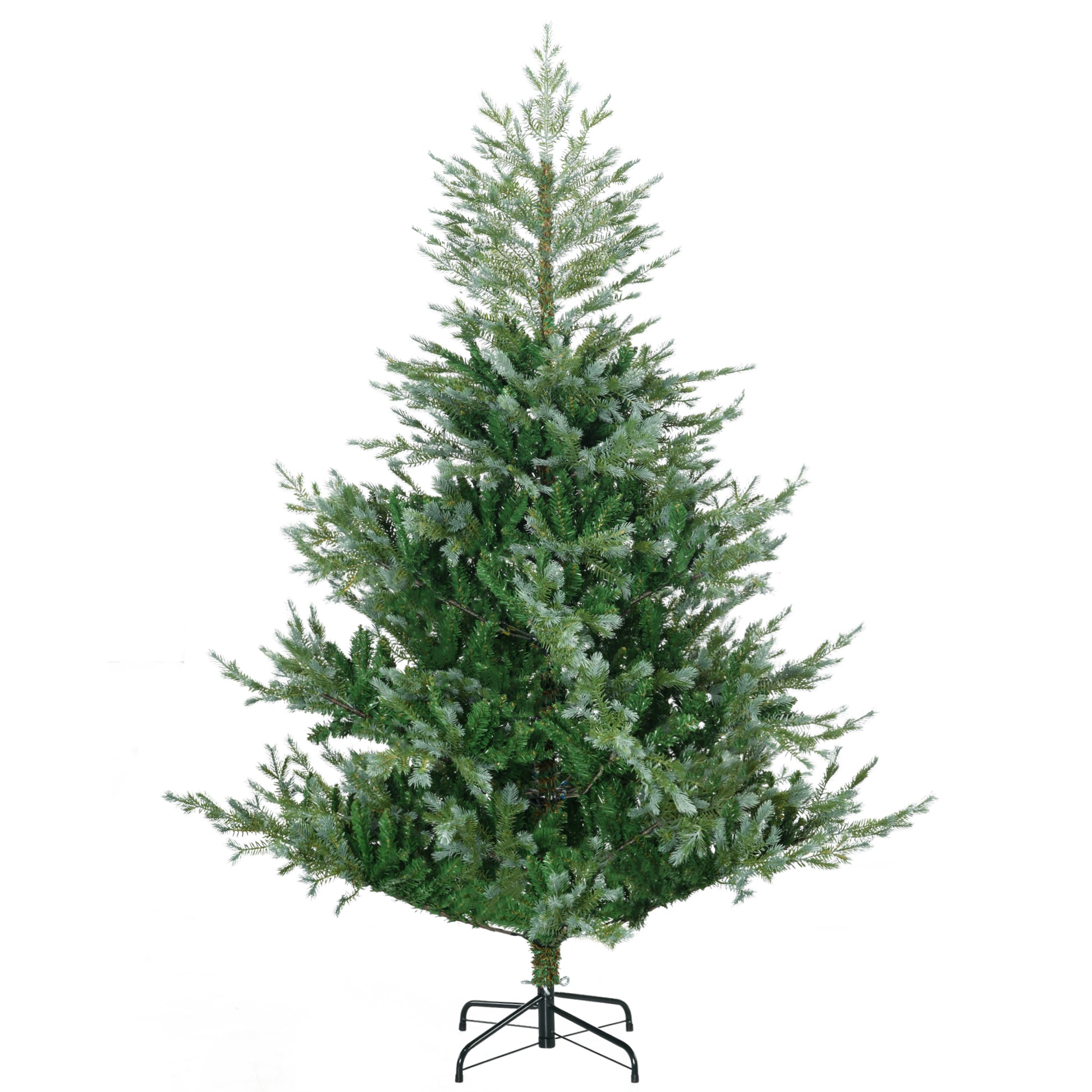 Full artificial pine Christmas tree with green needles and frosted tips on a black stand
