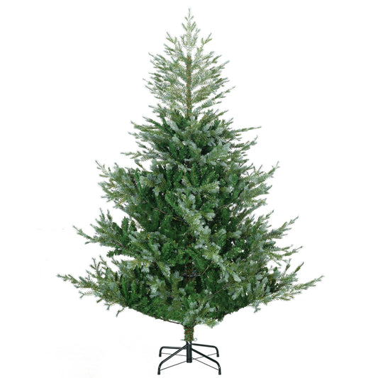 Full artificial pine Christmas tree with green needles and frosted tips on a black stand