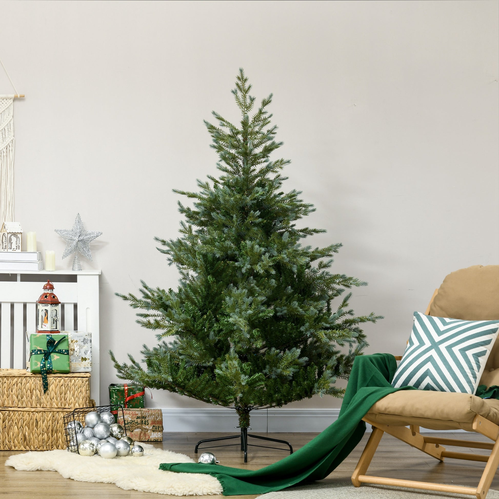 Flocked artificial Christmas tree with full branches ready for holiday decorating