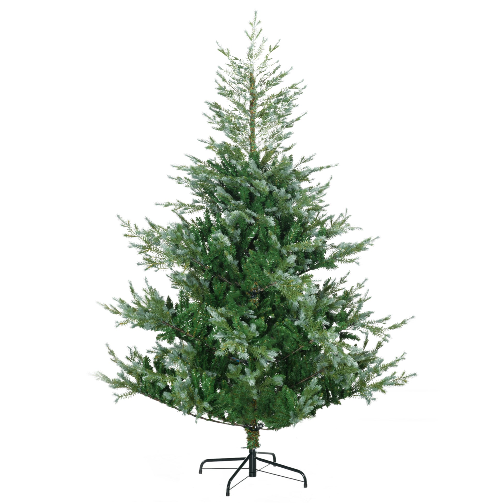 Frosted realistic artificial Christmas tree with green pine needles and a metal stand