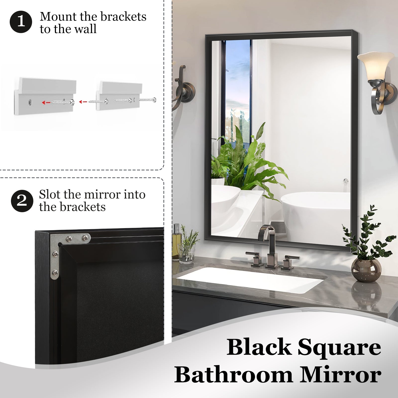 Black Square Bathroom Mirror with sleek modern black frame and brushed nickel hardware