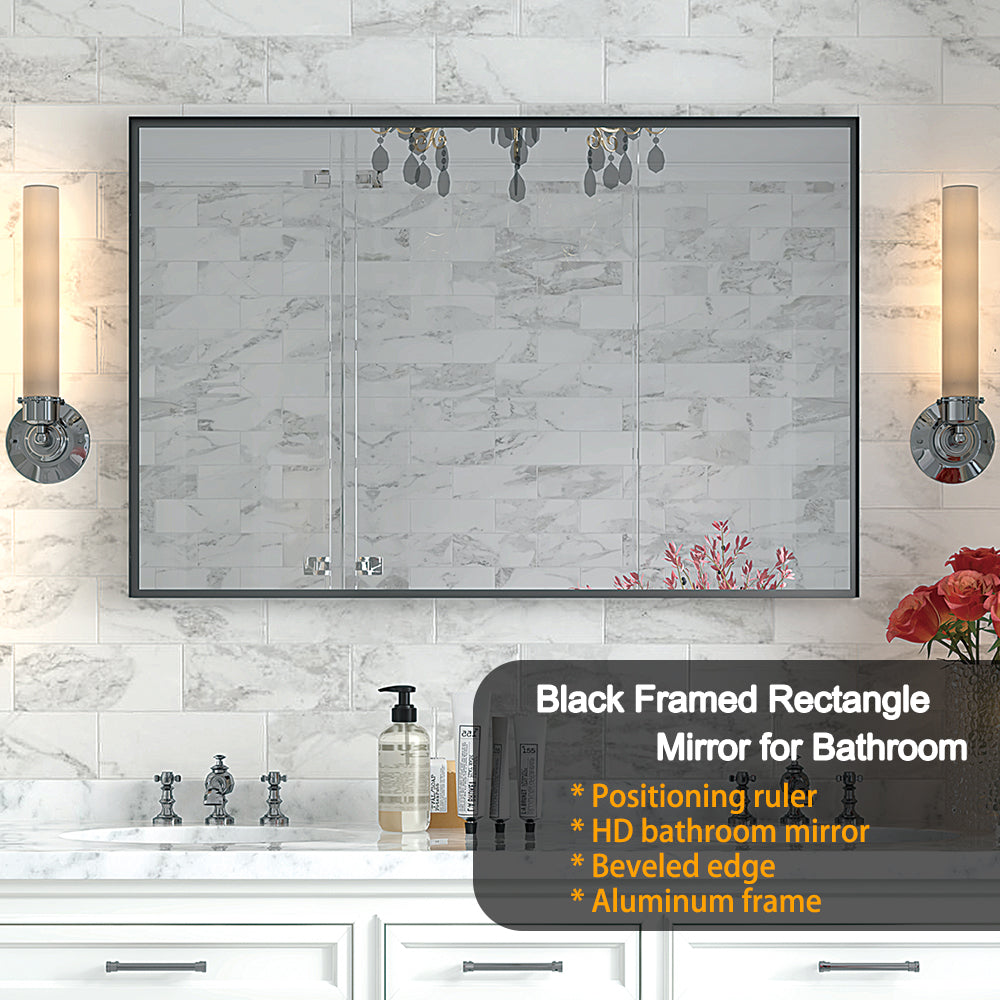 Black framed HD bathroom mirror with beveled edges and aluminum frame