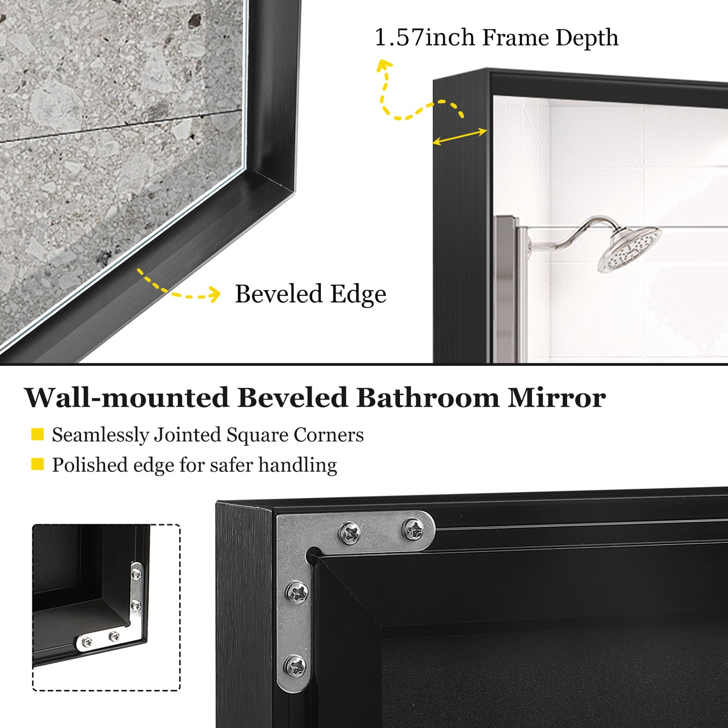 Black framed bathroom mirror with a beveled edge and inch depth