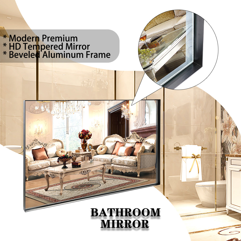 Beveled aluminum framed bathroom mirror reflecting an ornate living room setting