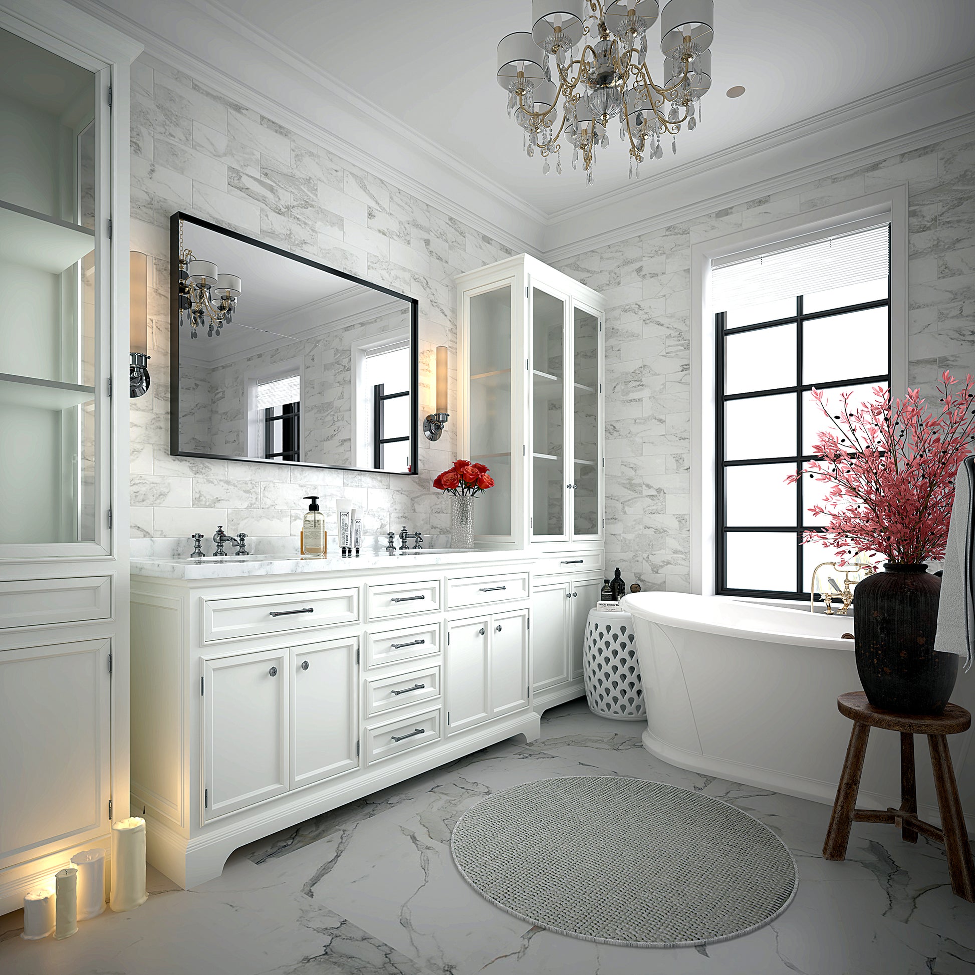 White marble bathroom with freestanding tub double vanity and crystal chandelier