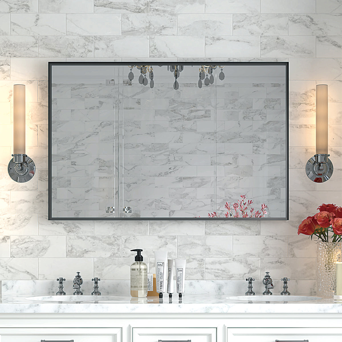 Black framed bathroom medicine cabinet with crystal accents and tiled wall