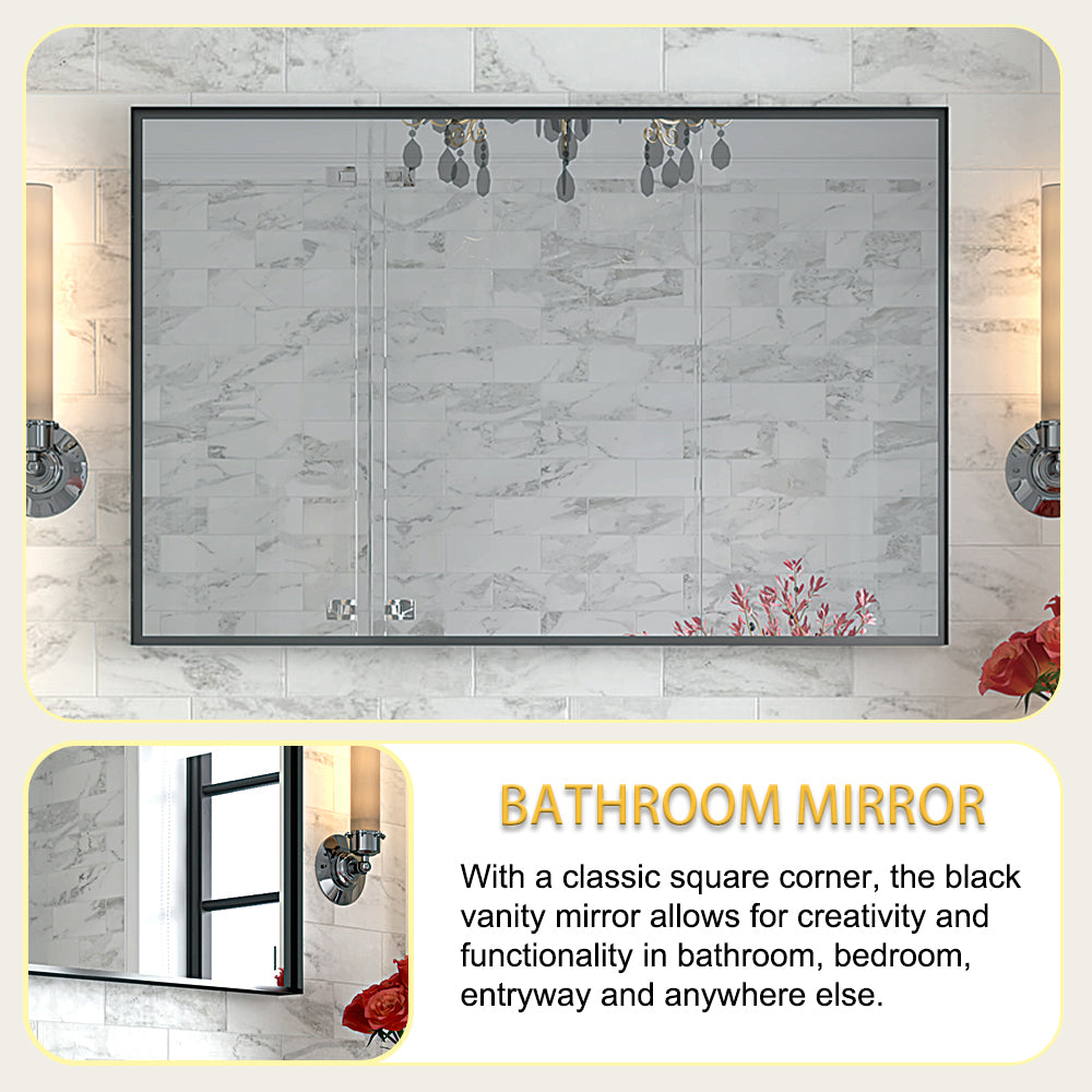 Black framed trifold bathroom mirror with decorative crystal accents and marble tile