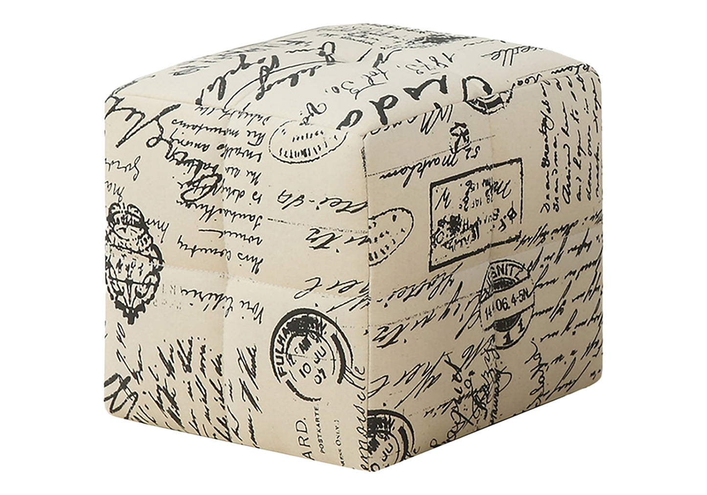 Cream and black script pattern fabric ottoman with decorative postal stamps