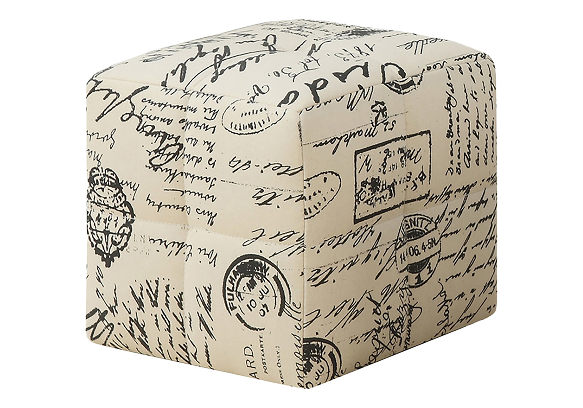 Cream and black script pattern fabric ottoman with decorative postal stamps